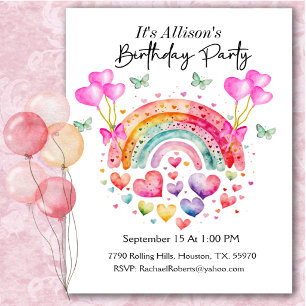 Rainbow Hearts Butterflies Birthday Invitation