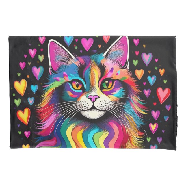 Rainbow Hearts Cat  Pillowcase (Front-Left)