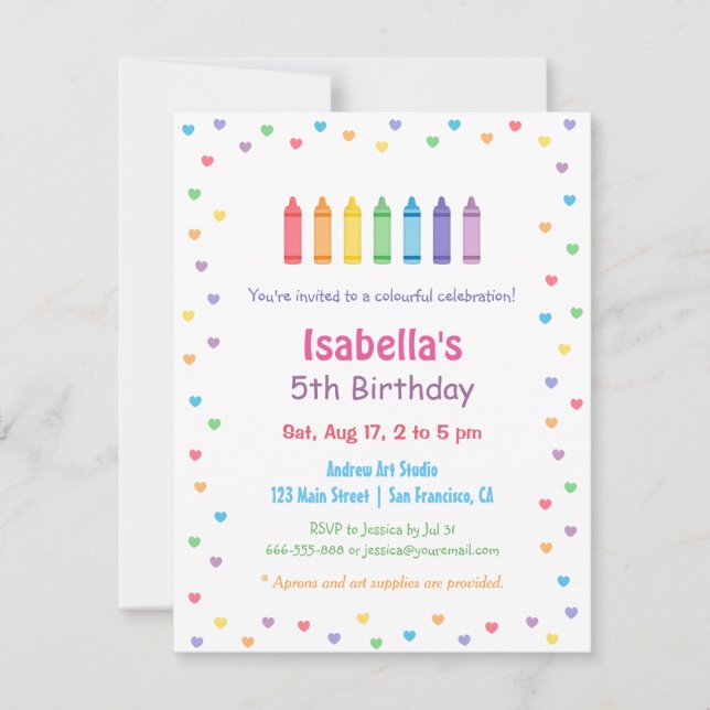 Rainbow Hearts Crayons Arts Crafts Birthday Party Invitation (Front)