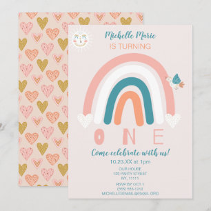 Rainbow Hearts First Birthday Invitation