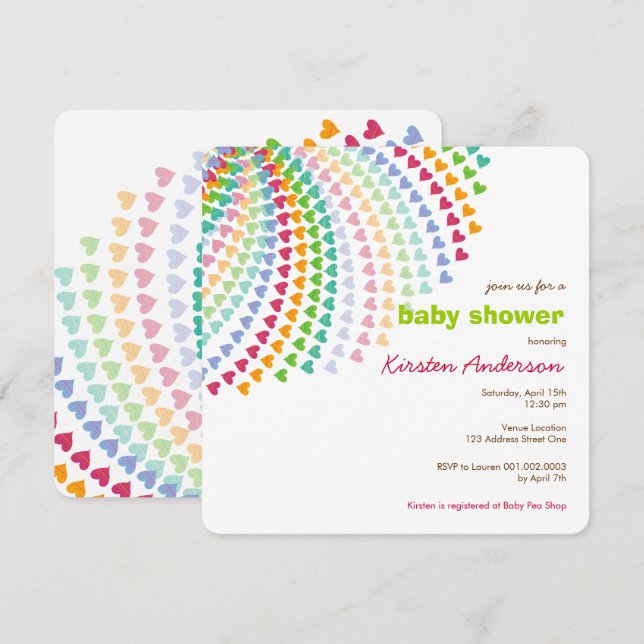 Rainbow Hearts Fun Sprinkles Whimsical Baby Shower Invitation (Front/Back)