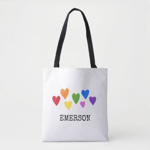 Rainbow Hearts Kids Baby NAME Love Art Fun Tote Bag