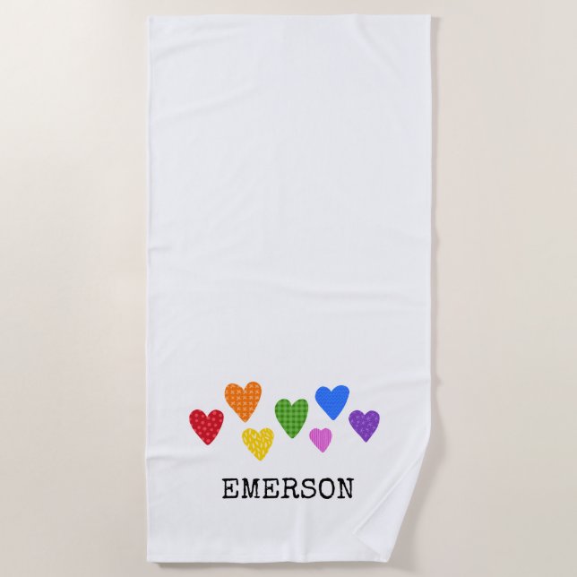 Rainbow Hearts Kids NAME Colourful Love Art Fun Beach Towel (Front)