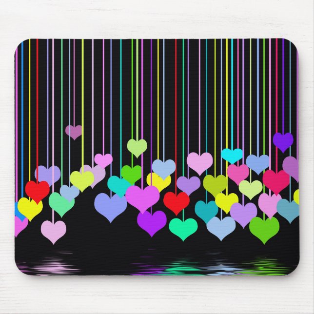Rainbow Hearts On Black Mouse Mat (Front)