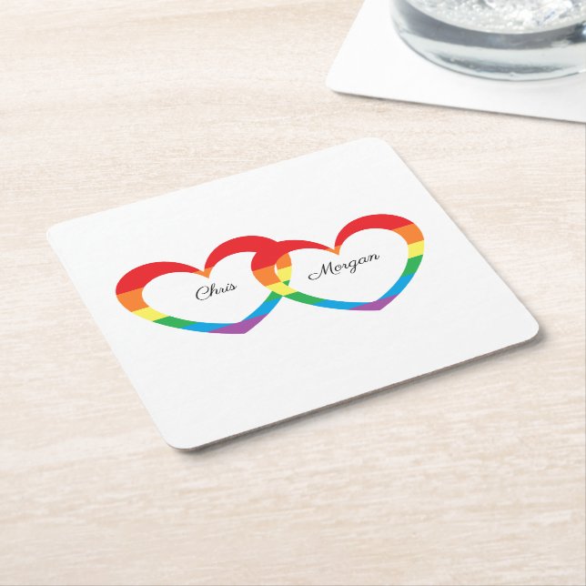 "Rainbow Hearts" Personalised Paper Coasters (Angled)