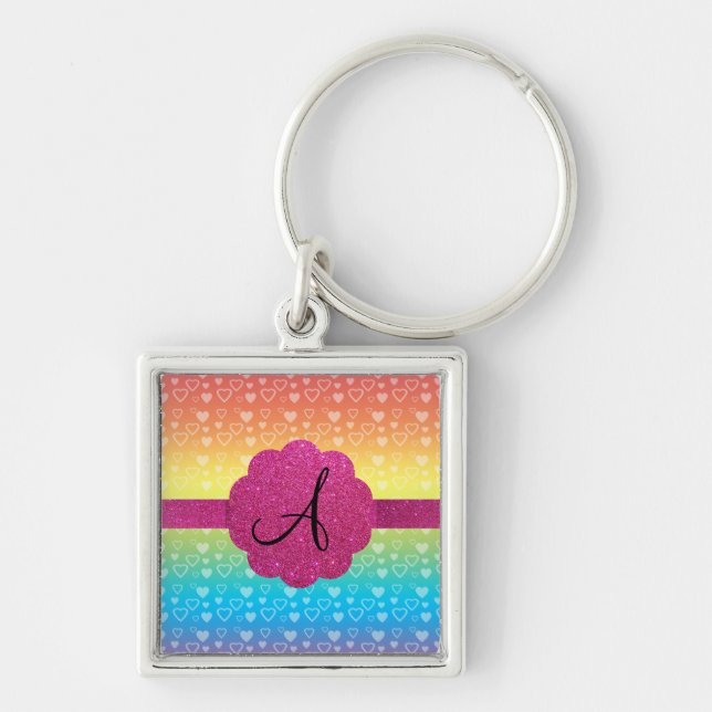 Rainbow hearts pink glitter monogram key ring (Front)
