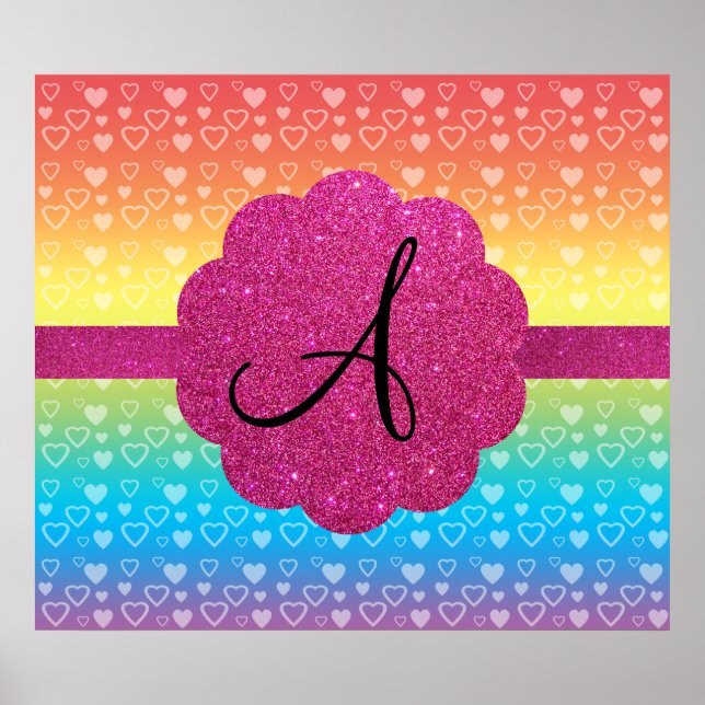 Rainbow hearts pink glitter monogram poster (Front)
