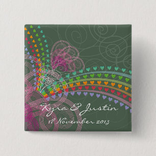 Rainbow Hearts Pink Swirls Colourful Wedding Butto 15 Cm Square Badge