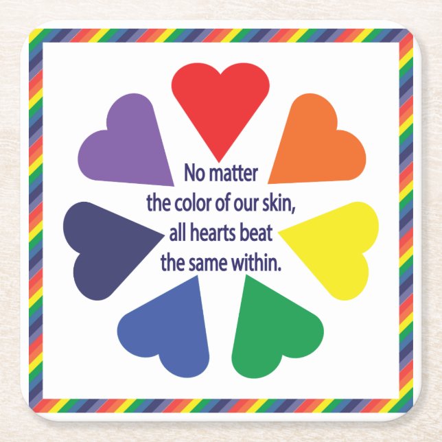 Rainbow Hearts Square Paper Coaster (Front)