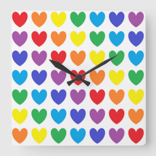 Rainbow Hearts Square Wall Clock