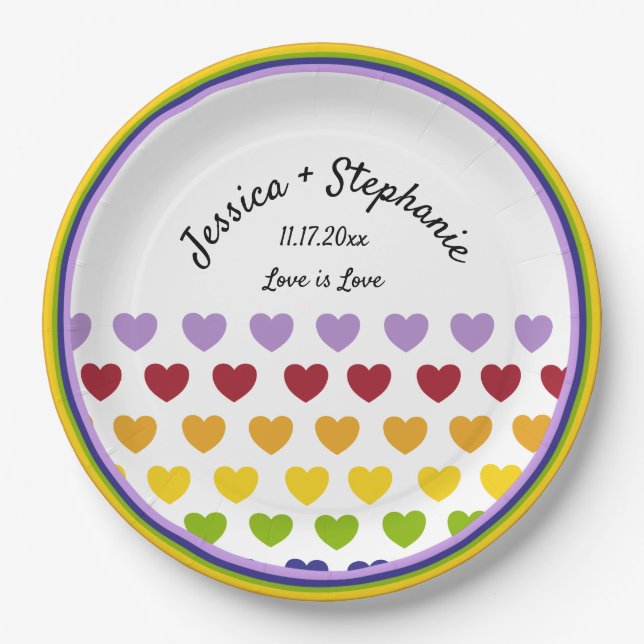 Rainbow Hearts Stripes Patterned Personalised Paper Plate (Front)