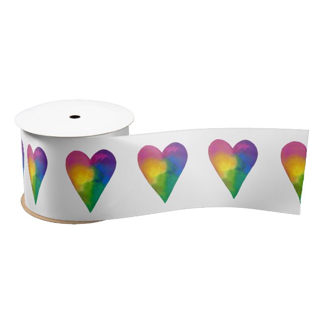 Rainbow Hearts Watercolor Satin Ribbon (Spool)
