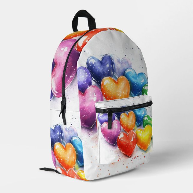 Rainbow Hearts Watercolour Digital Art Printed Backpack (Back Corner Left)