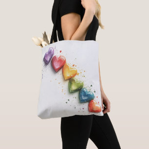 Rainbow Hearts Watercolour Digital Art Tote Bag