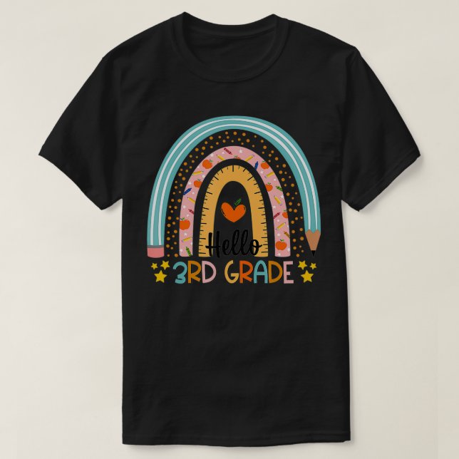 Rainbow Hello Third 3rd Grade Teacher First Day Of T-Shirt (Design Front)