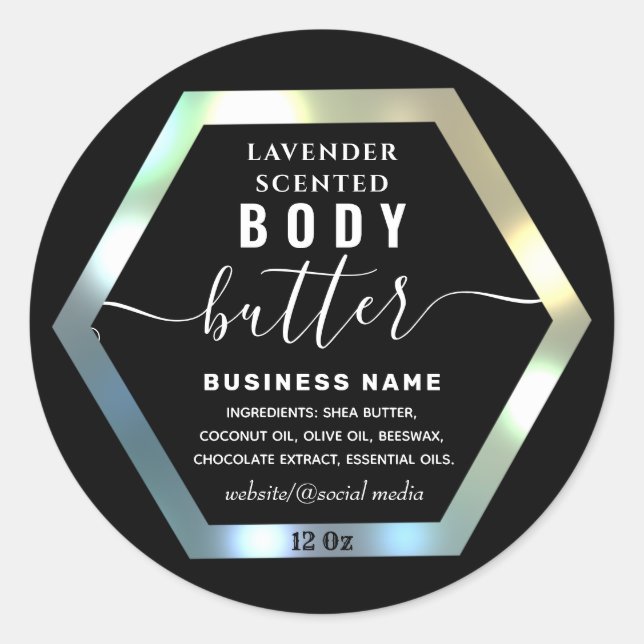 Rainbow hexagon script body butter label (Front)