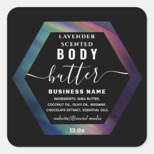 Rainbow hexagon script body butter label