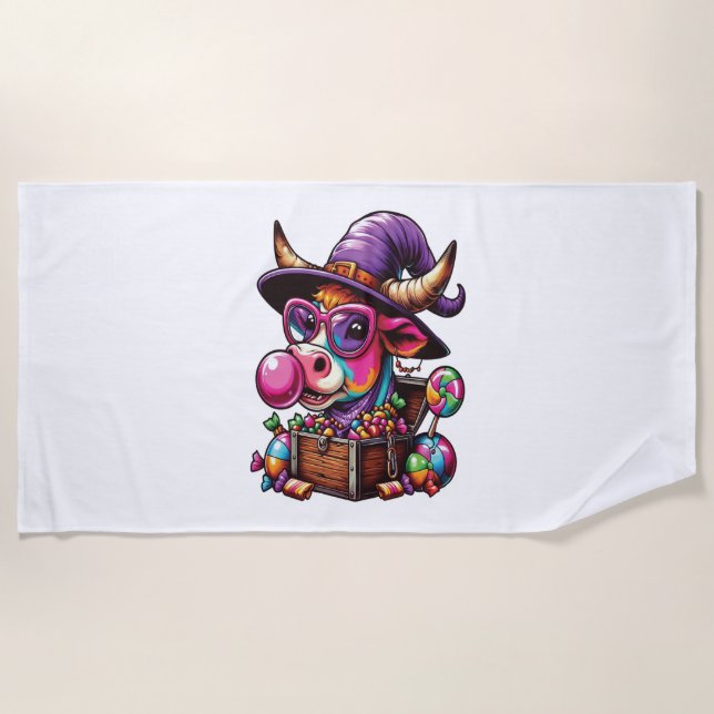 Rainbow Highland Cow Halloween Beach Towel (Front)