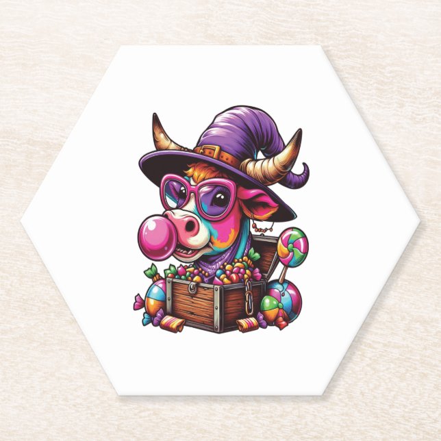 Rainbow Highland Cow Halloween Paper Coaster (Front)