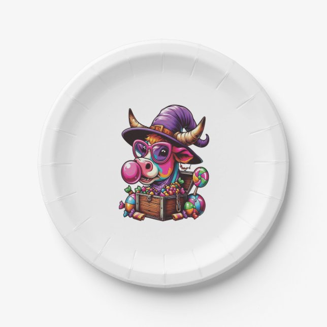 Rainbow Highland Cow Halloween Paper Plate (Front)