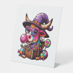 Rainbow Highland Cow Halloween Pedestal Sign
