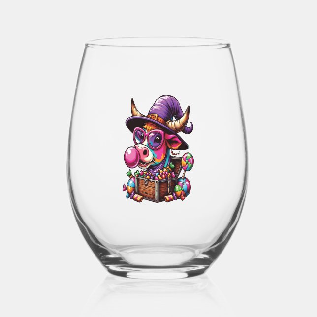 Rainbow Highland Cow Halloween Stemless Wine Glass (Front)