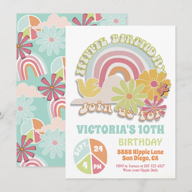 Rainbow Hippie Birthday Party Invitation (Front/Back)