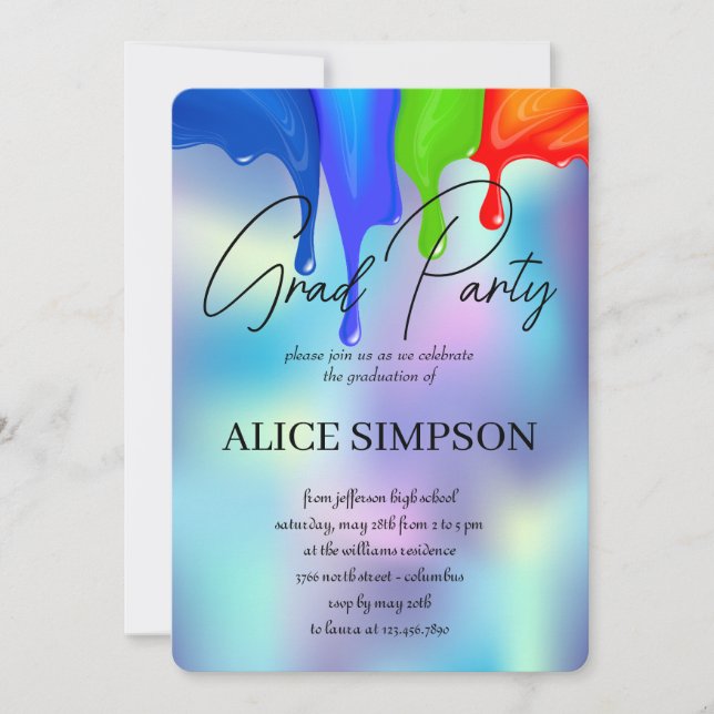 Rainbow Holographic  Drip Graduation Invitation (Front)