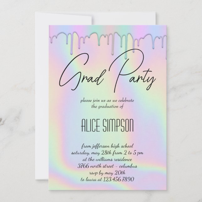 Rainbow Holographic  Drip Graduation Invitation (Front)