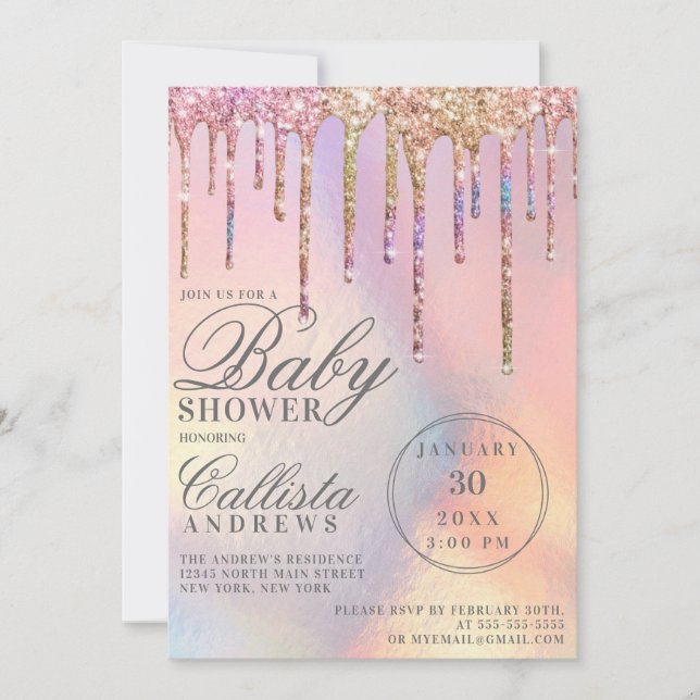 Rainbow Holographic Glitter Drips Baby Shower Invitation (Front)