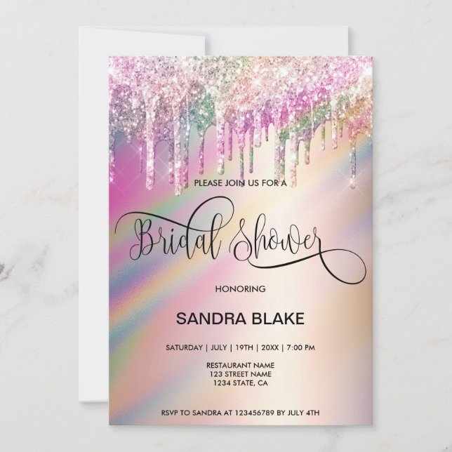 Rainbow Holographic Glitter Drips Bridal Shower In Invitation (Front)