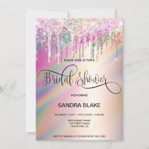 Rainbow Holographic Glitter Drips Bridal Shower In Invitation