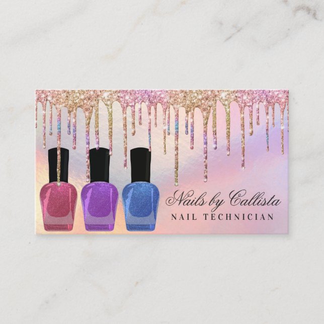 Rainbow Holographic Glitter Drips Nail Polish Business Card (Front)