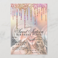 Rainbow Holographic Glitter Drips Photo Sweet 16
