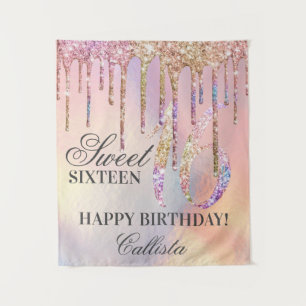 Rainbow Holographic Glitter Drips Sweet 16 Tapestry