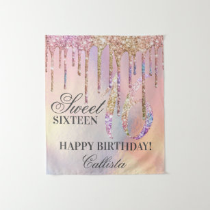 Rainbow Holographic Glitter Drips Sweet 16 Tapestry