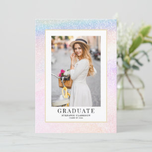 Rainbow Holographic Glitter Photo Graduation Announcement