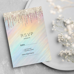 Rainbow holographic gold glitter drips RSVP Invitation