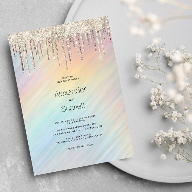 Rainbow holographic gold glitter drips Wedding  Invitation (Rainbow holographic gold glitter drips Wedding)