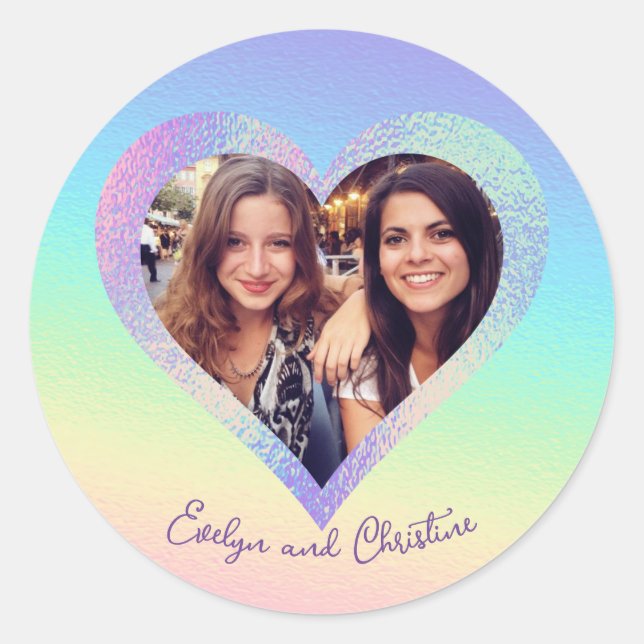 Rainbow Holographic Heart Frame Custom Photo Classic Round Sticker (Front)
