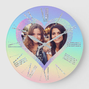 Rainbow Holographic Heart Frame Custom Photo Large Clock