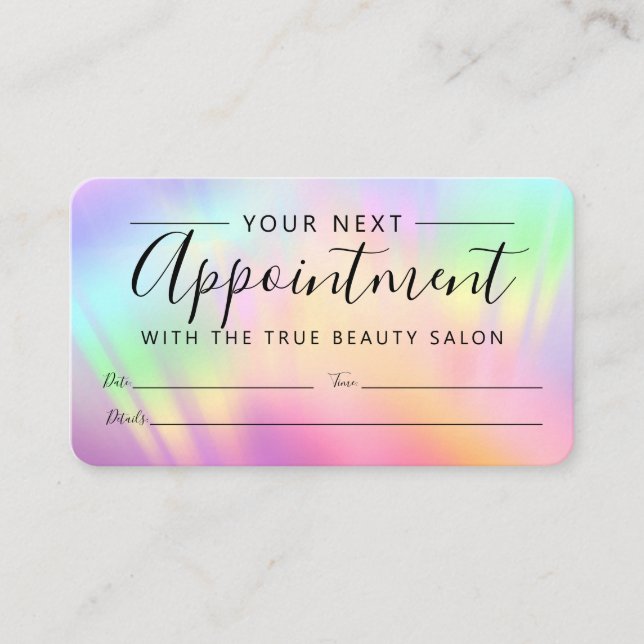 Rainbow Holographic Iridescent Unicorn Script Appointment Card (Front)