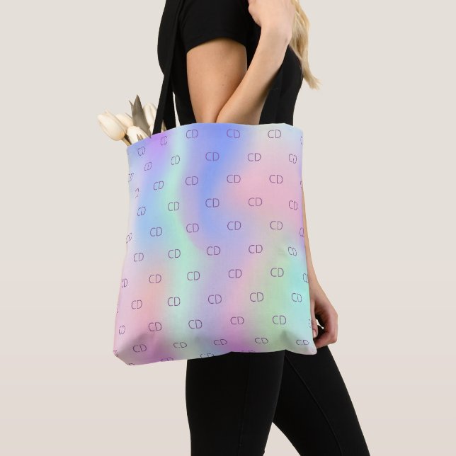 Rainbow holographic pink purple custom monogram  tote bag (Close Up)