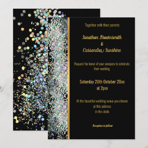 RAINBOW HOLOGRAPHIC SPOT BLACK GOLD WEDDING INVITATION