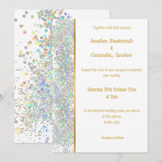 RAINBOW HOLOGRAPHIC SPOT WHITE GOLD WEDDING INVITATION (Front/Back)