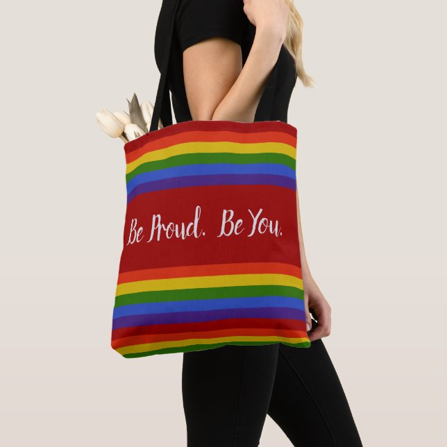 Rainbow Horizontal Stripes Be Proind Be You PRIDE Tote Bag (Close Up)
