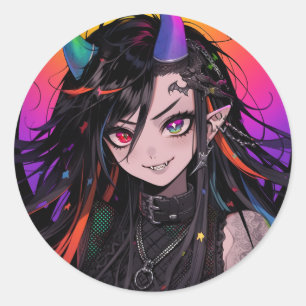 Rainbow Horned Goth Punk Anime Girl Classic Round Sticker