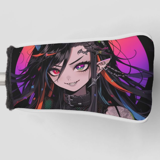 Rainbow Horned Goth Punk Anime Girl Golf Head Cover (Front)