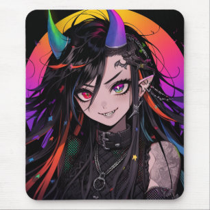 Rainbow Horned Goth Punk Anime Girl Mouse Mat