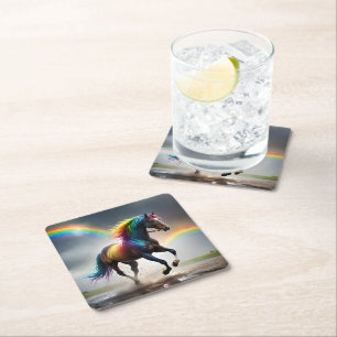 Rainbow Horse And Rainbows Rain Dance, Square Paper Coaster